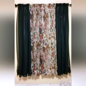 Vintage shear floral curtains 2 panels 63in, 2 black shear panels 63in 2 sets